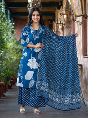 Printed Cotton Blend Kurta With Pants & Dupatta