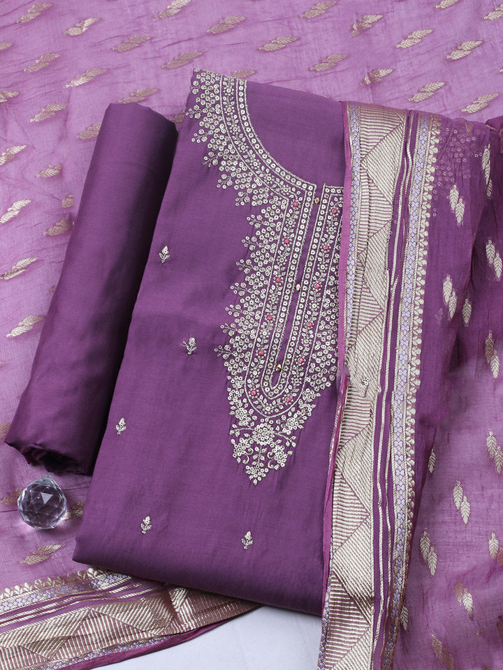 Embroidered Chanderi Unstitched Suit With Pant &amp; Dupatta