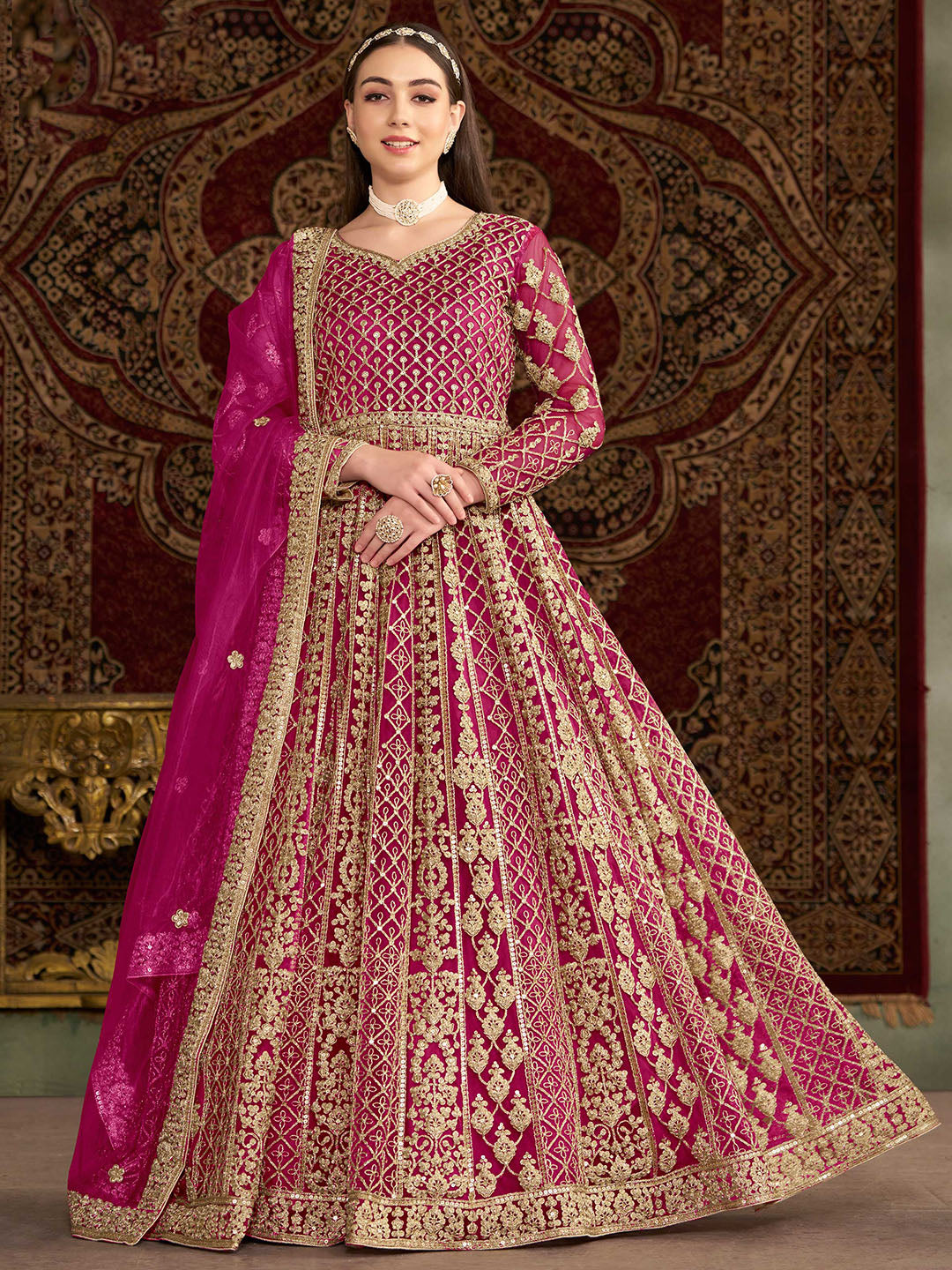 Embroidered Net Semi Stitched Gown With Dupatta