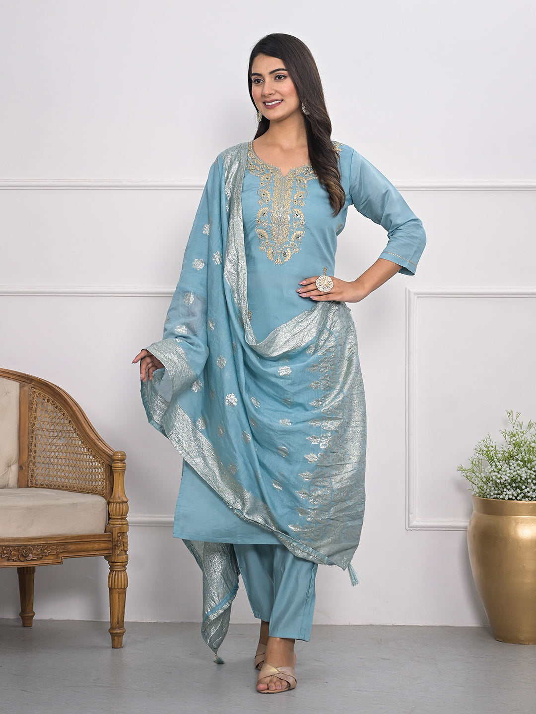 Neck Embroidery Muslin Kurta With Pants &amp; Dupatta