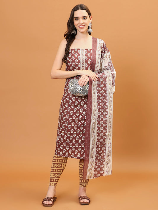 Printed Cotton Blend Unstitched Suit With Dupatta