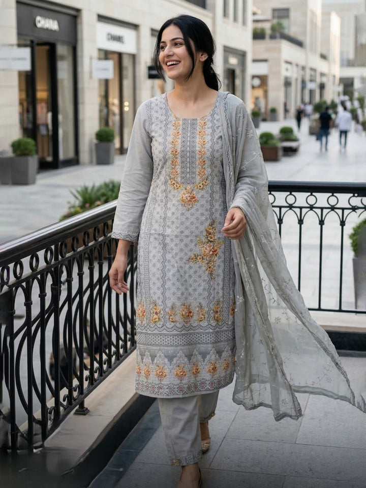 Grey Embroidered Cotton Blend Straight Suit Set With Dupatta