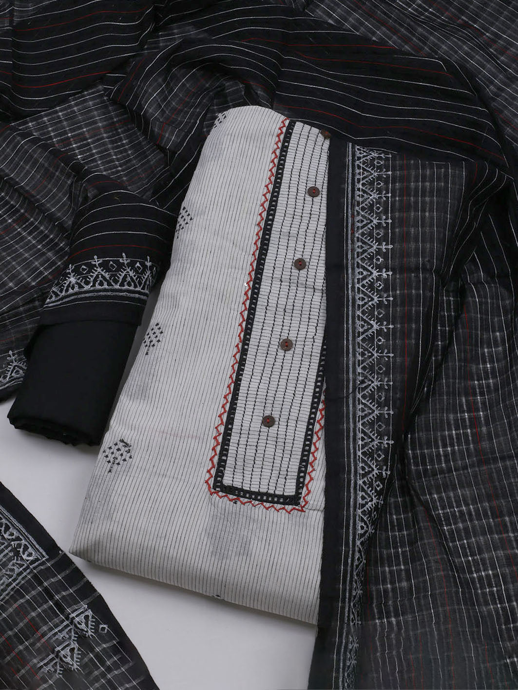 Patch Neck Cotton Blend Unstitched Suit With Dupatta