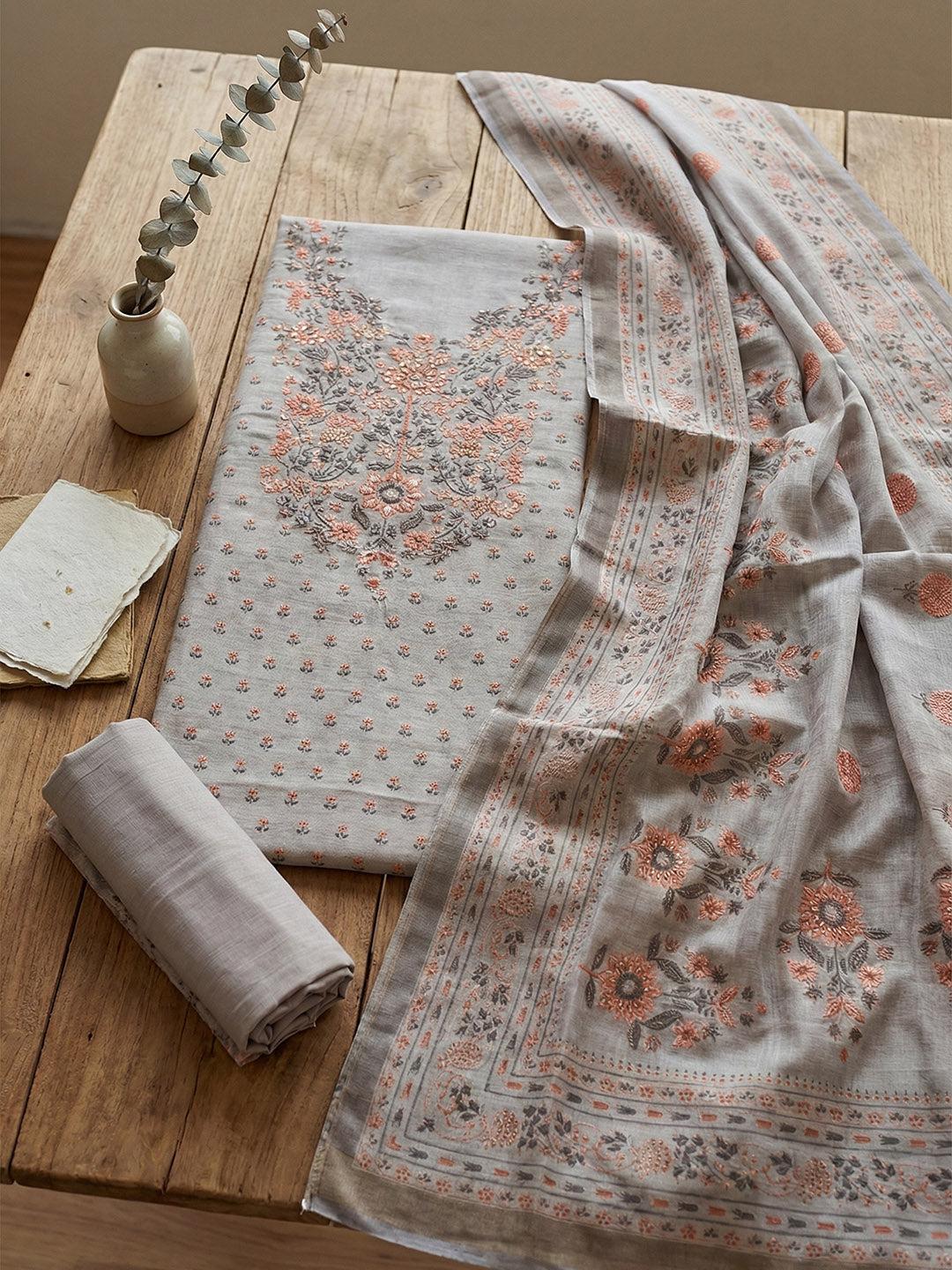 Embroidered Cotton Blend Unstitched Suit With Pant &amp; Dupatta
