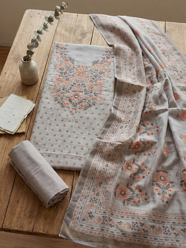 Embroidered Cotton Blend Unstitched Suit With Pant &amp; Dupatta