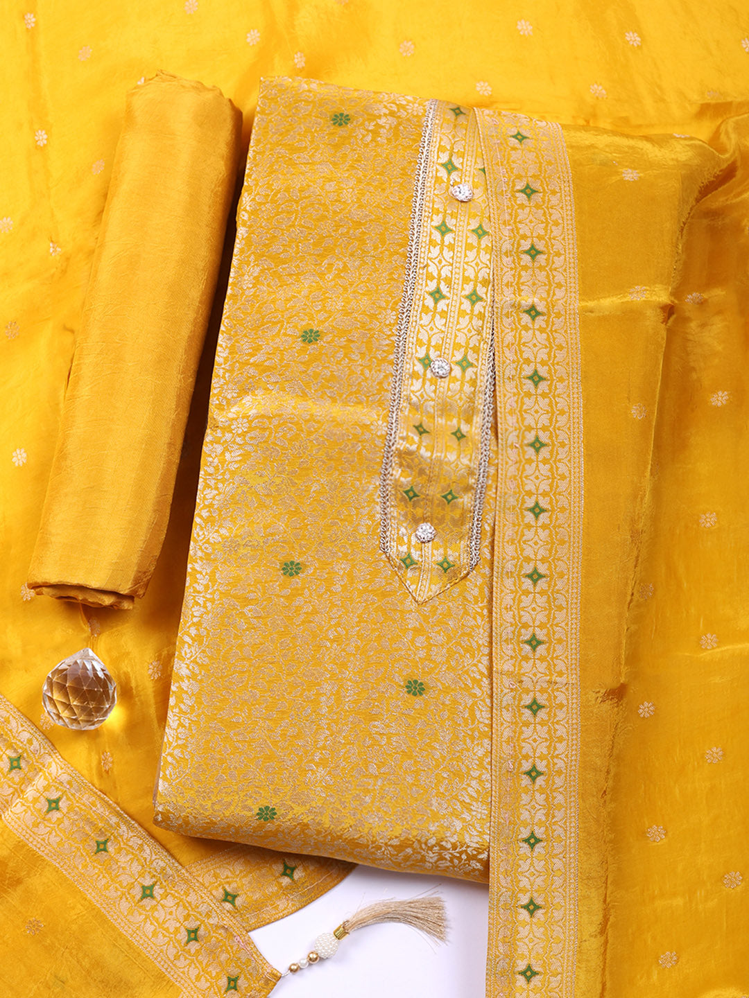 Embroidered Chanderi Unstitched Suit With Pant &amp; Dupatta