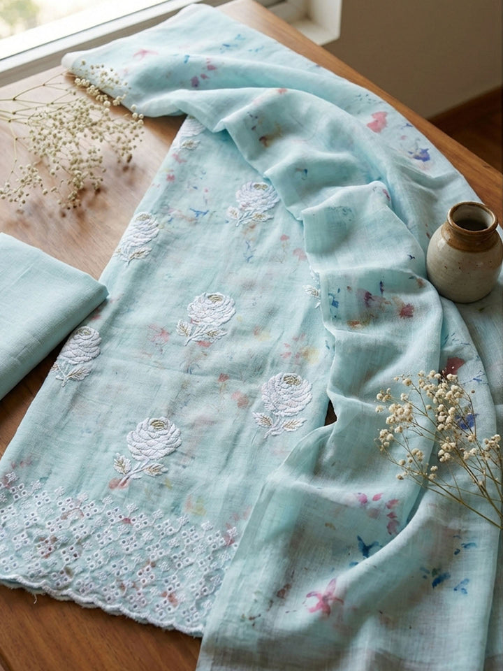 Embroidered Cotton Blend Unstitched Suit With Pant &amp; Dupatta