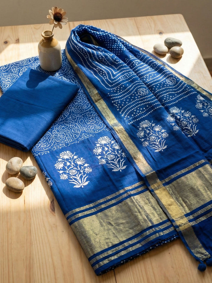 Printed Cotton Blend Unstitched Suit With Pant &amp; Dupatta