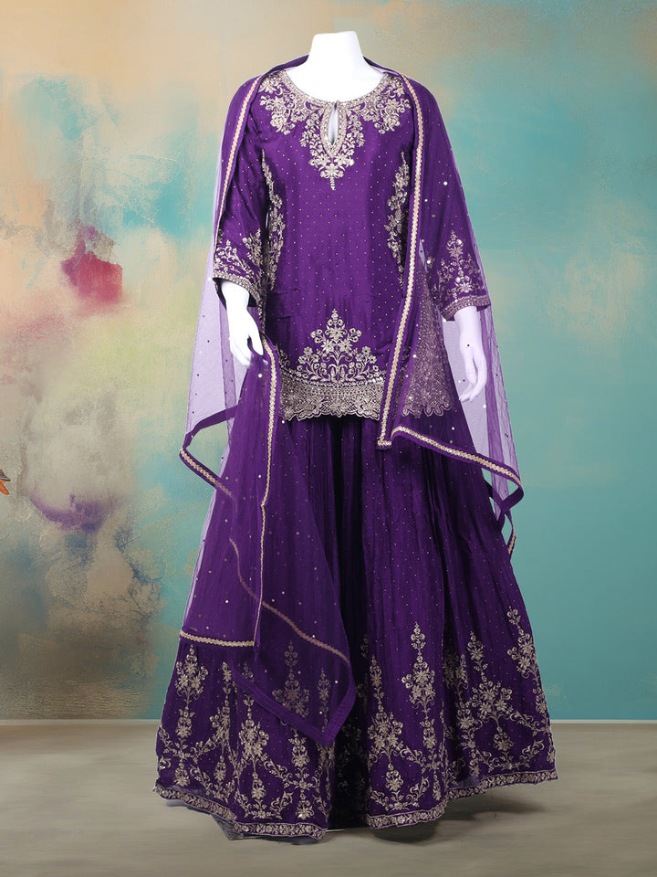 Zari Embroidered Chinon Kurti With Lehenga &amp; Dupatta