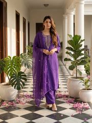 Embroidered Cotton Blend Kurta With Pant & Dupatta