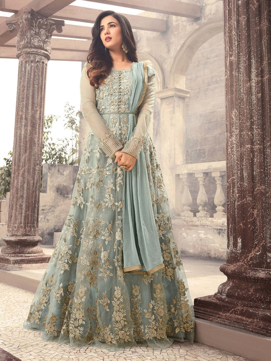 Resham Zari Work Net Semi Stitched Suit