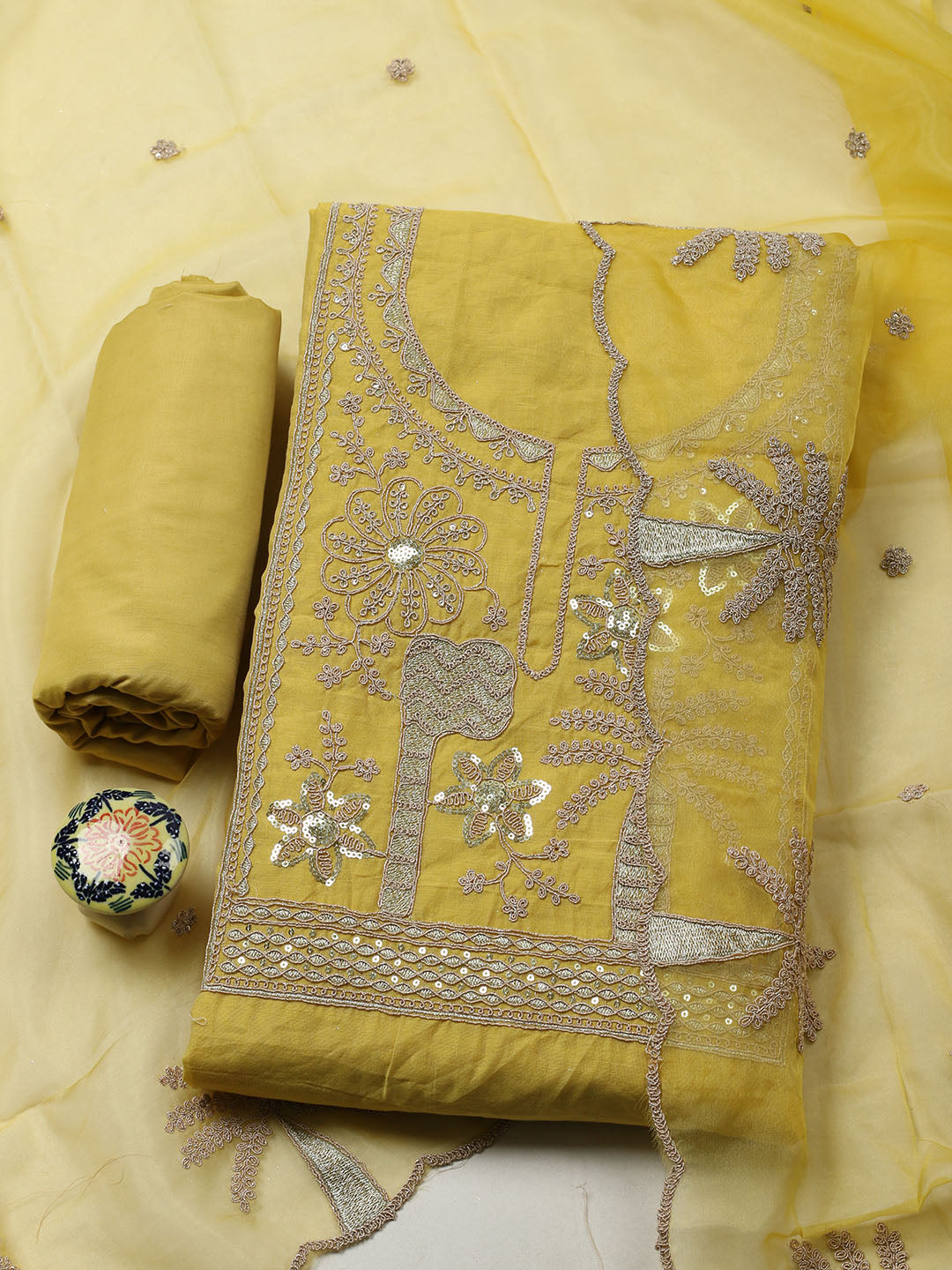 Embroidered Chanderi Unstitched Suit With Pant &amp; Dupatta