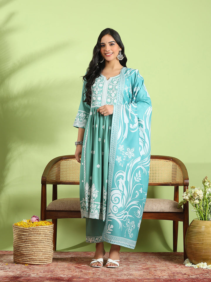 Embroidered Cotton Kurta With Pant &amp; Dupatta
