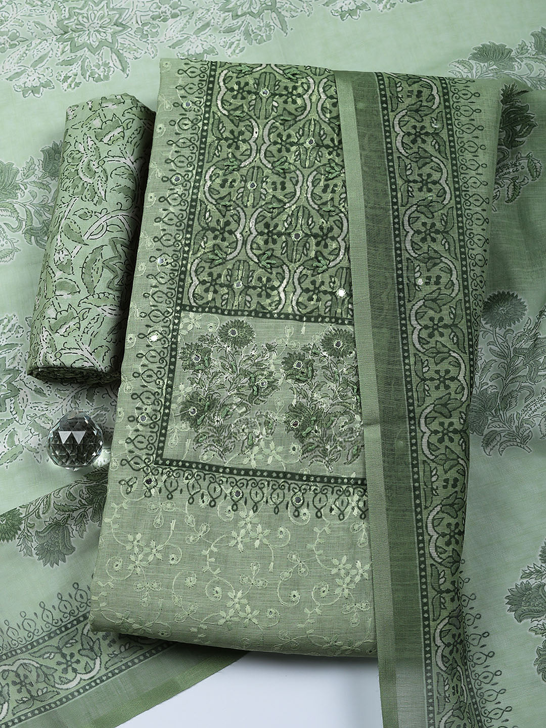 Embroidered Cotton Blend Unstitched Suit With Pant &amp; Dupatta