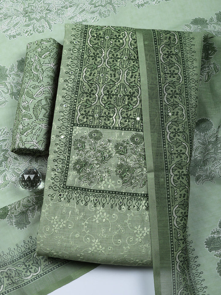 Embroidered Cotton Blend Unstitched Suit With Pant &amp; Dupatta