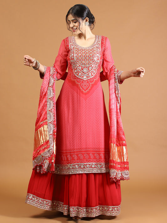 Bandhani Work Georgette Kurta With Lehenga & Dupatta