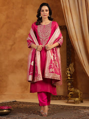 Neck Zari Embroidery Tissue Kurta With Pants & Dupatta