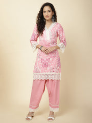 Printed & Panel Embroidery Cotton Kurta With Pants