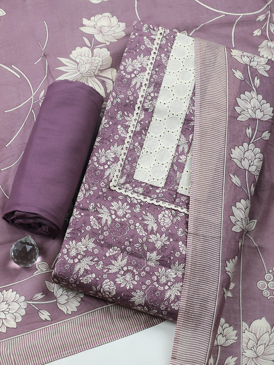 Printed Cotton Blend Unstitched Suit With Pant &amp; Dupatta