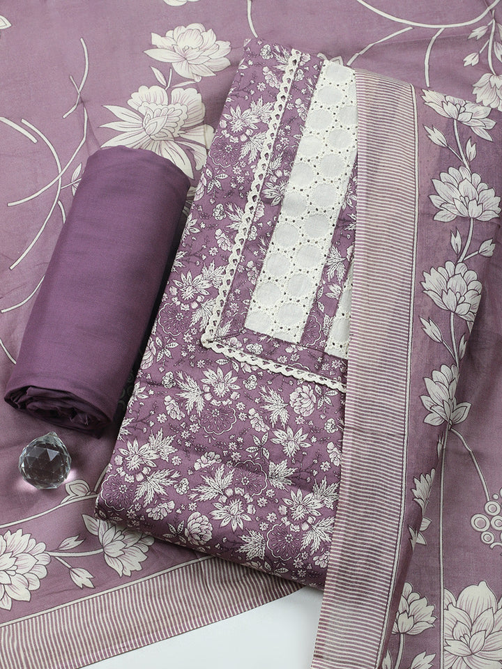 Printed Cotton Blend Unstitched Suit With Pant &amp; Dupatta