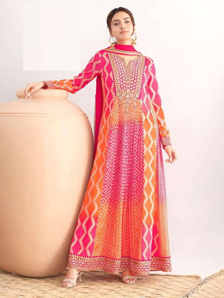 Embroidered Chinnon Gown With Dupatta