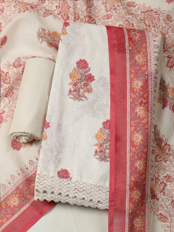 Embroidered Cotton Blend Unstitched Suit With Pant &amp; Dupatta