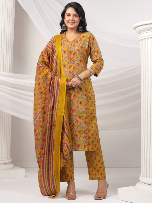 Printed Cotton Blend Kurta With Pants & Dupatta