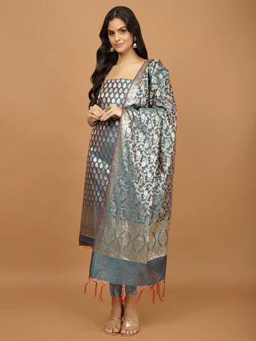 Woven Banarasi Chanderi Unstitched Suit With Dupatta