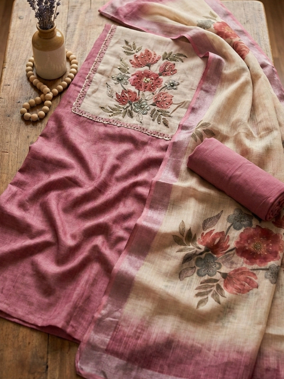 Embroidered Cotton Blend Unstitched Suit With Pant &amp; Dupatta