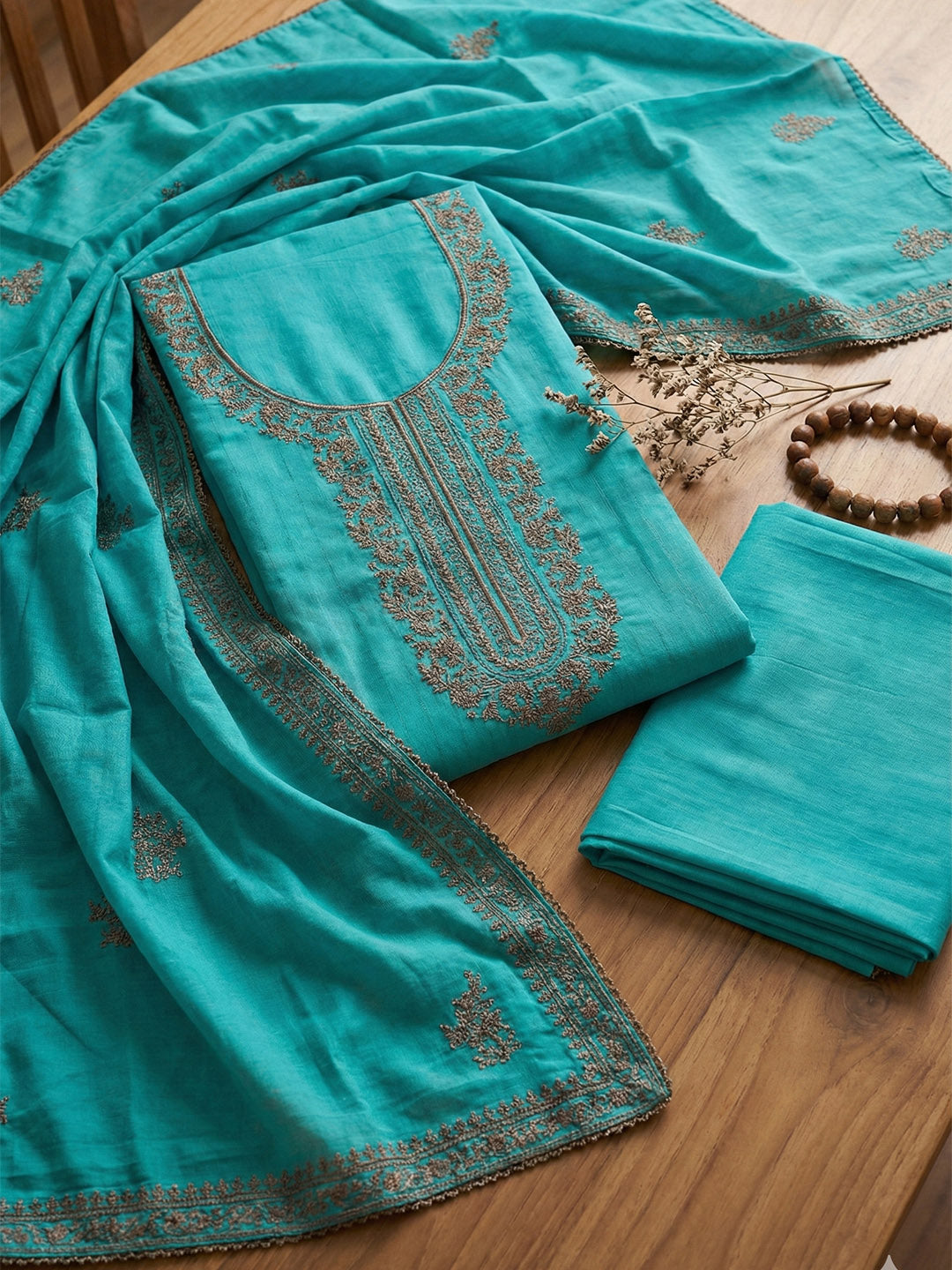 Embroidered Cotton Blend Unstitched Suit With Pant &amp; Dupatta