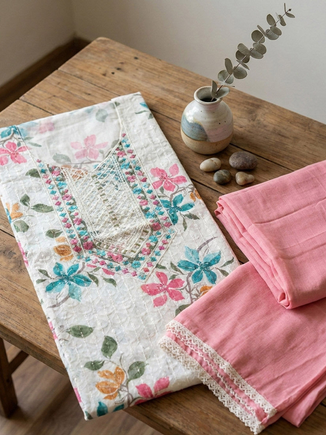 Embroidered Cotton Blend Unstitched Suit With Pant &amp; Dupatta