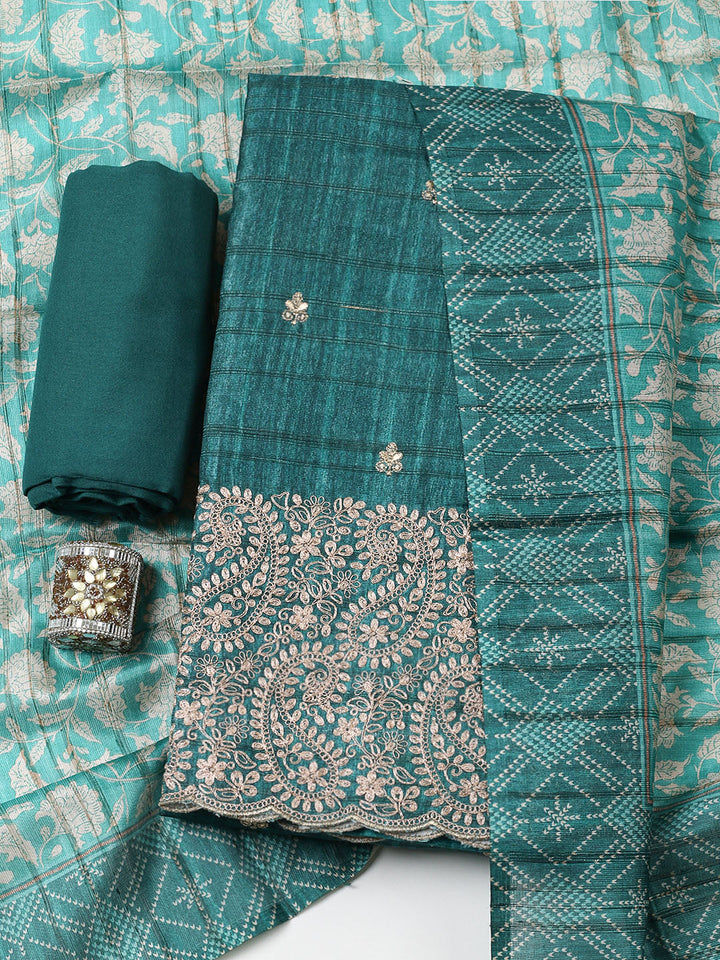 Embroidered Tussar Unstitched Suit With Pant &amp; Dupatta