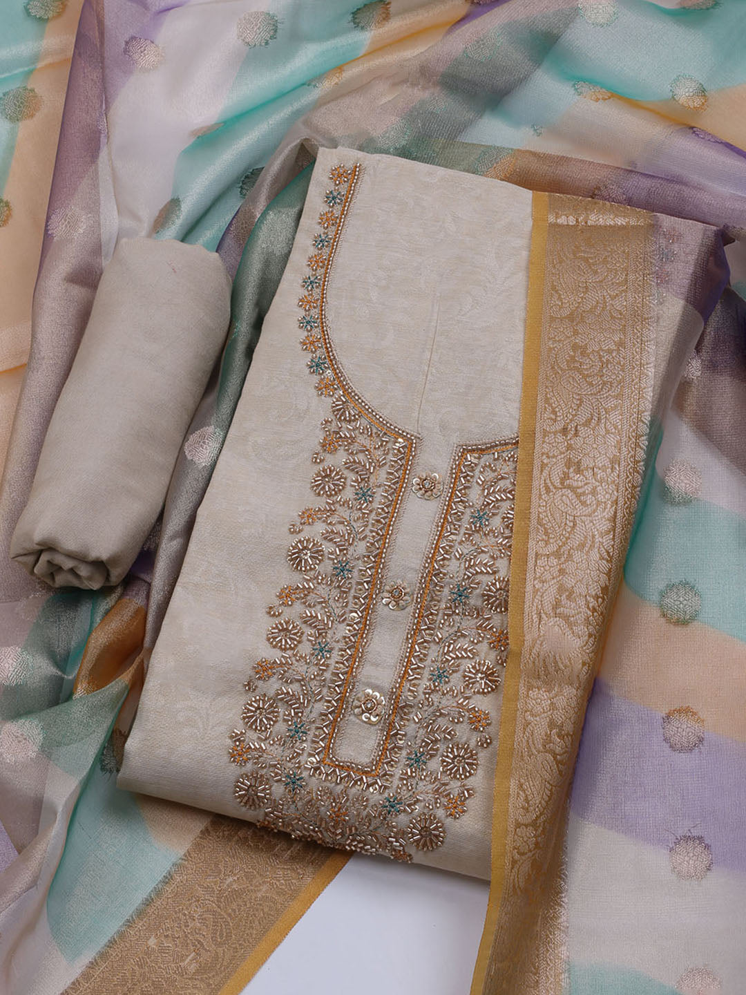 Neck Embroidered Tissue Unstitched Suit With Dupatta