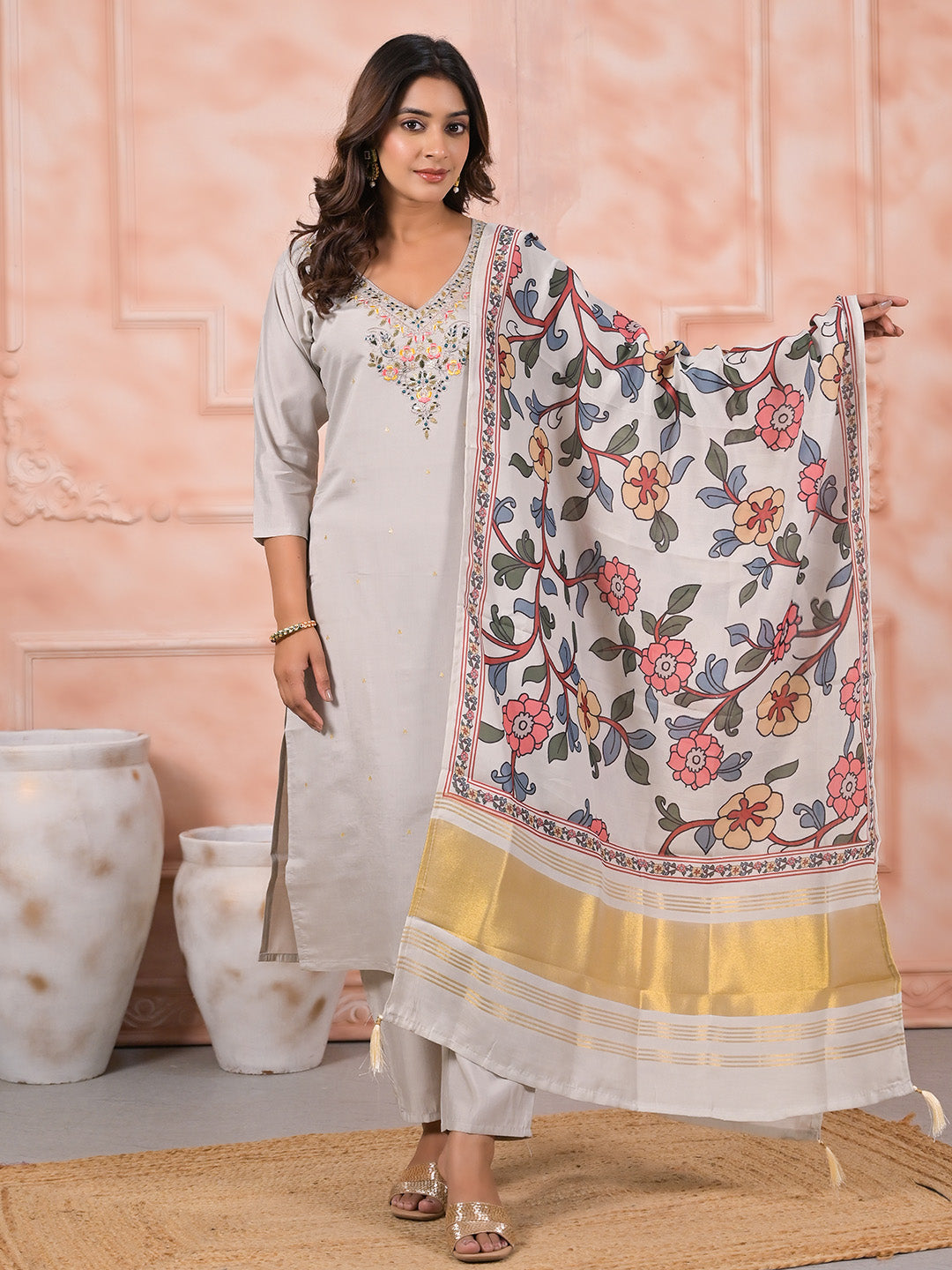 Neck Embroidered Cotton Blend Kurta With Pants &amp; Dupatta
