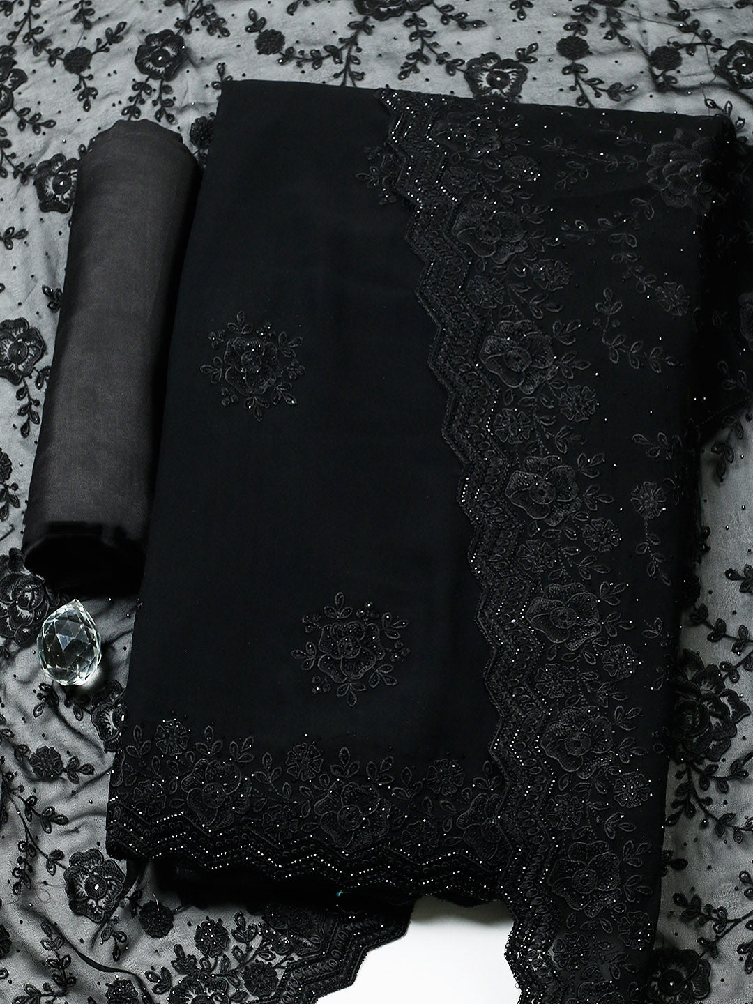 Embroidered Georgette Unstitched Suit With Pant &amp; Dupatta