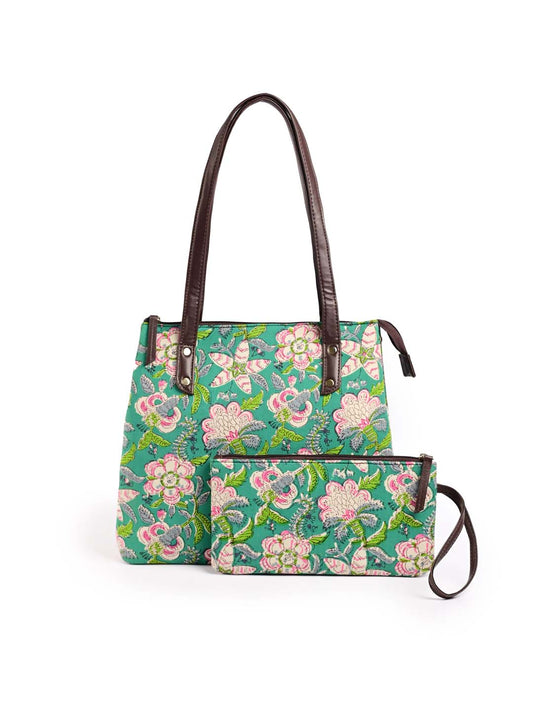 Floral Printed Cotton Handbag With Clutch 1080