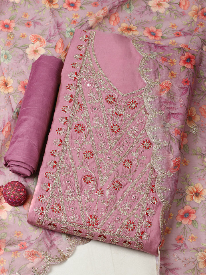 Embroidered Chanderi Unstitched Suit With Pant &amp; Dupatta