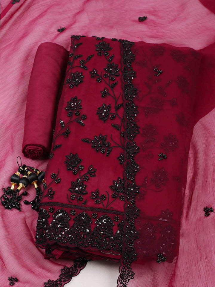 Embroidered Organza Unstitched Suit With Pant &amp; Dupatta