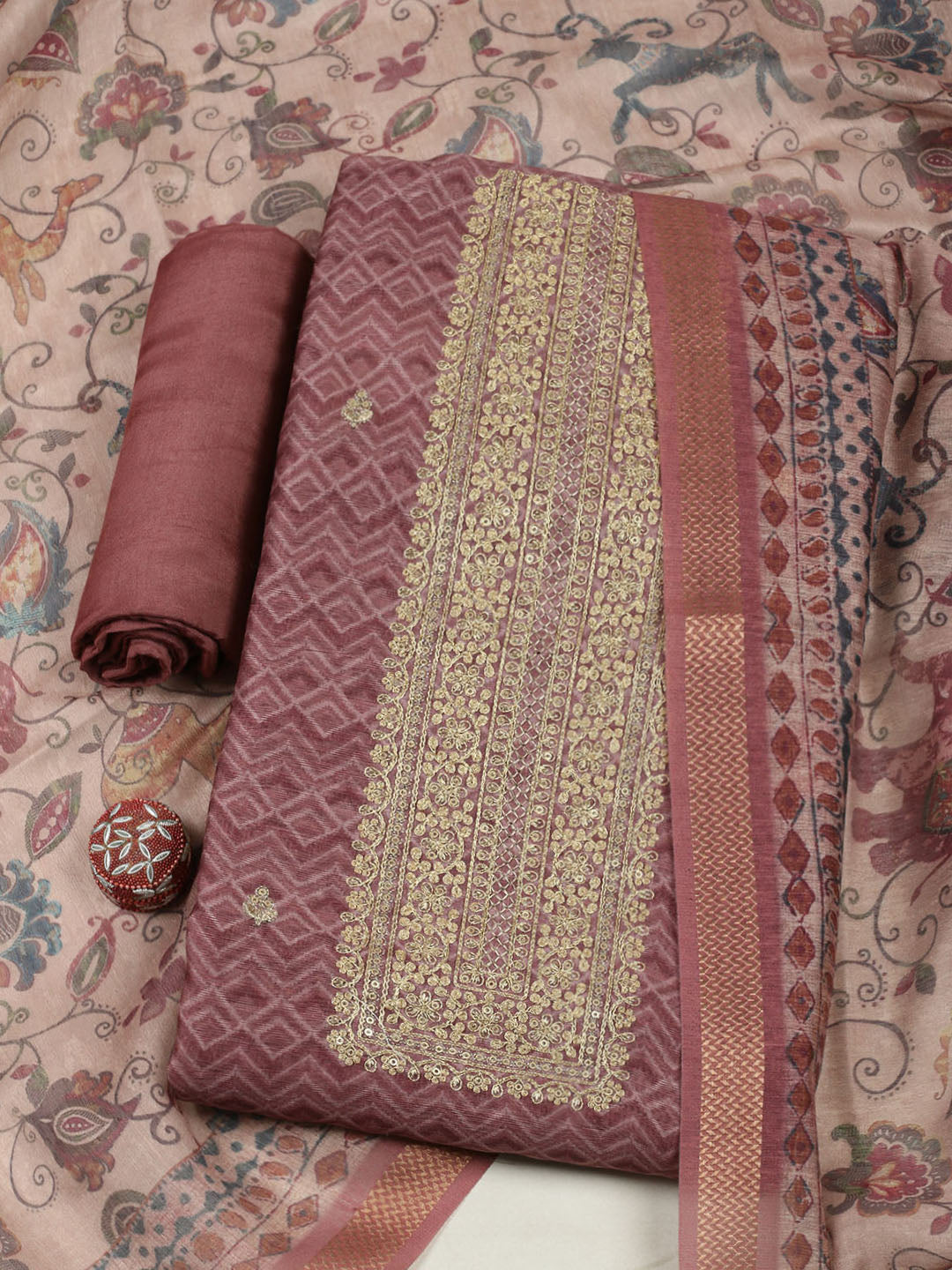 Embroidered Chanderi Unstitched Suit With Pant &amp; Dupatta