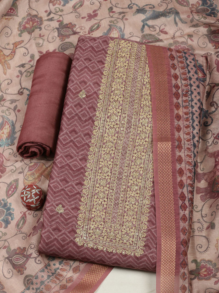 Embroidered Chanderi Unstitched Suit With Pant &amp; Dupatta