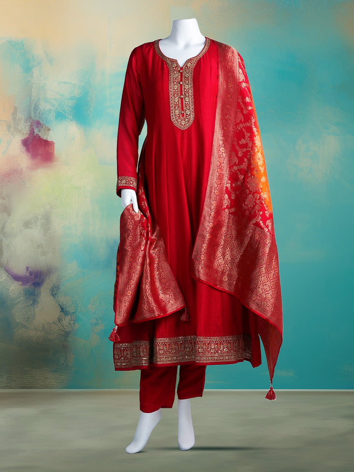 Embroidered Art Silk Kurta With Pant &amp; Dupatta