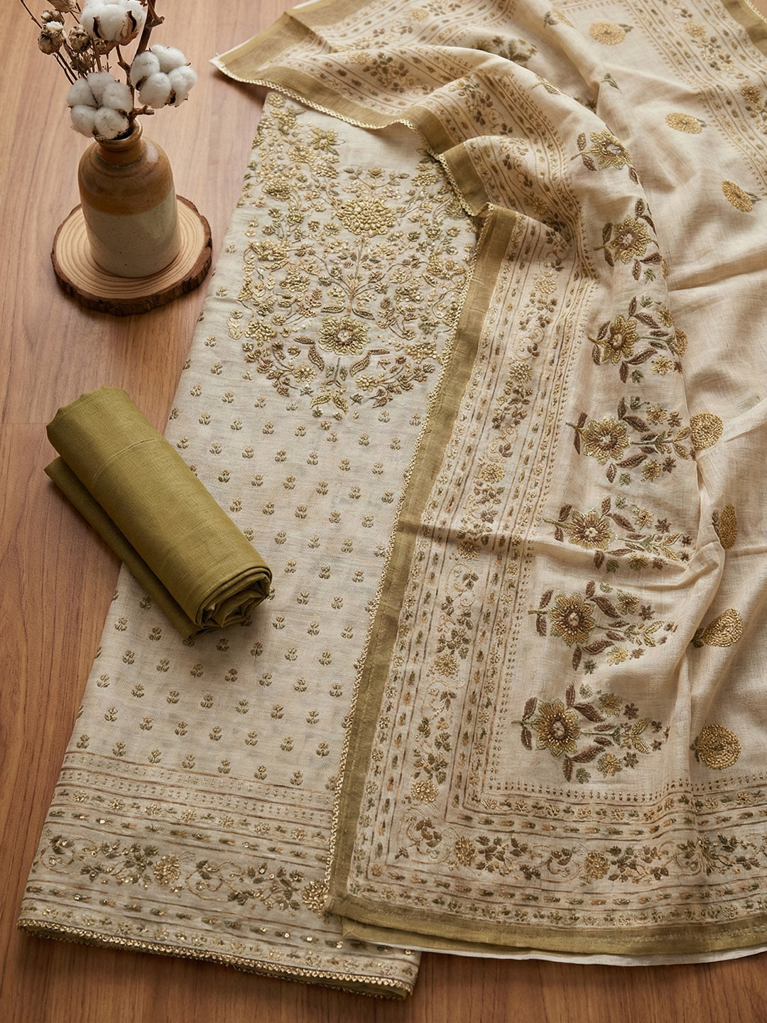 Embroidered Cotton Blend Unstitched Suit With Pant &amp; Dupatta