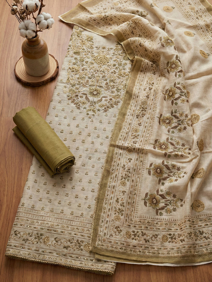 Embroidered Cotton Blend Unstitched Suit With Pant &amp; Dupatta
