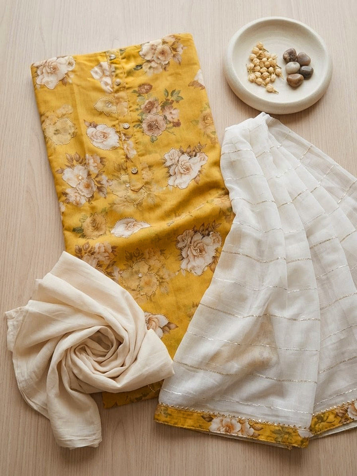 Embroidered Cotton Blend Unstitched Suit With Pant &amp; Dupatta