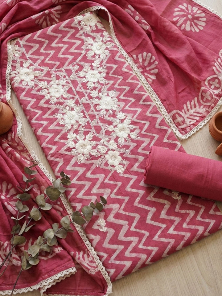 Printed Chanderi Unstitched Suit With Pant &amp; Dupatta