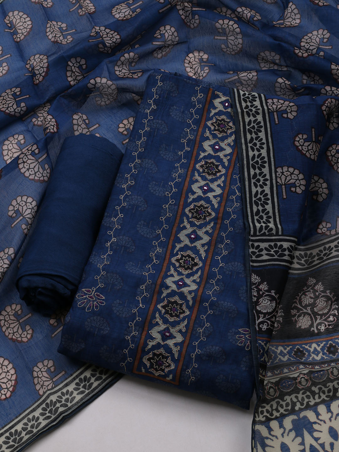 Printed Cotton Blend Unstitched Suit With Dupatta