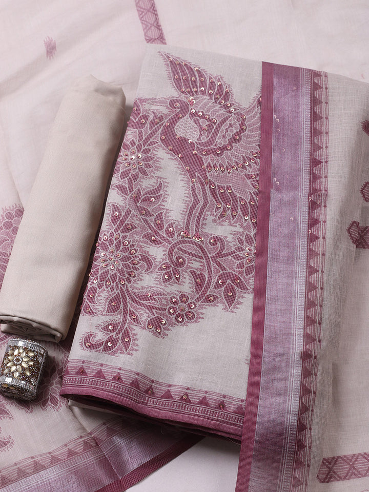 Printed Linen Blend Unstitched Suit With Pant &amp; Dupatta