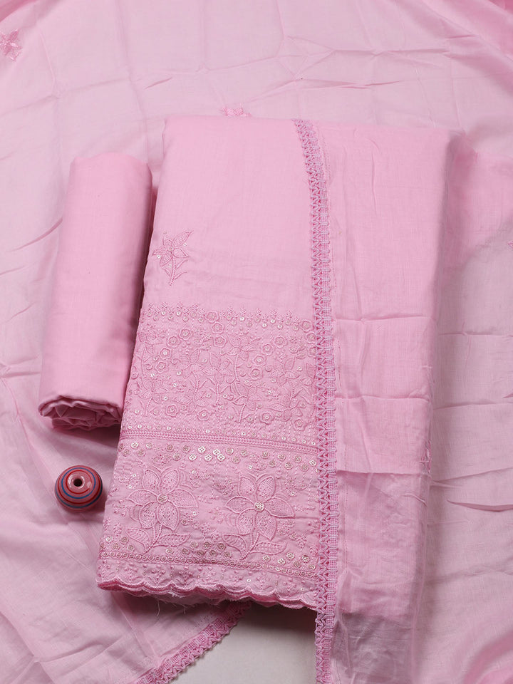 Embroidered Chanderi Unstitched Suit With Pant &amp; Dupatta