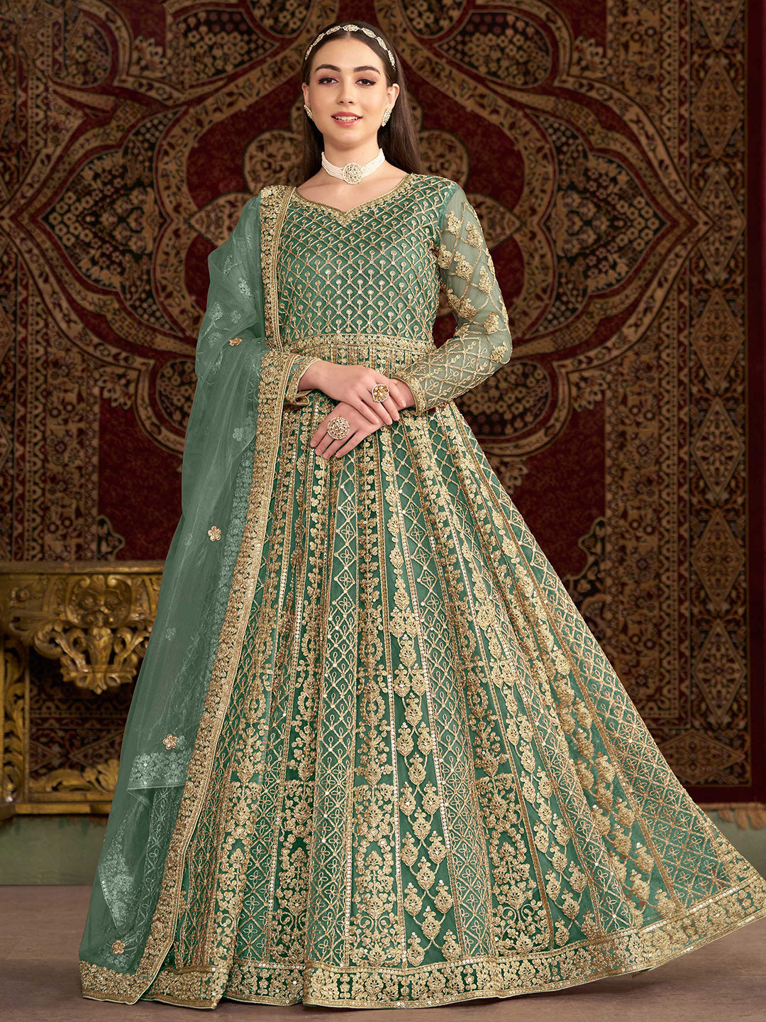 Embroidered Net Semi Stitched Gown With Dupatta