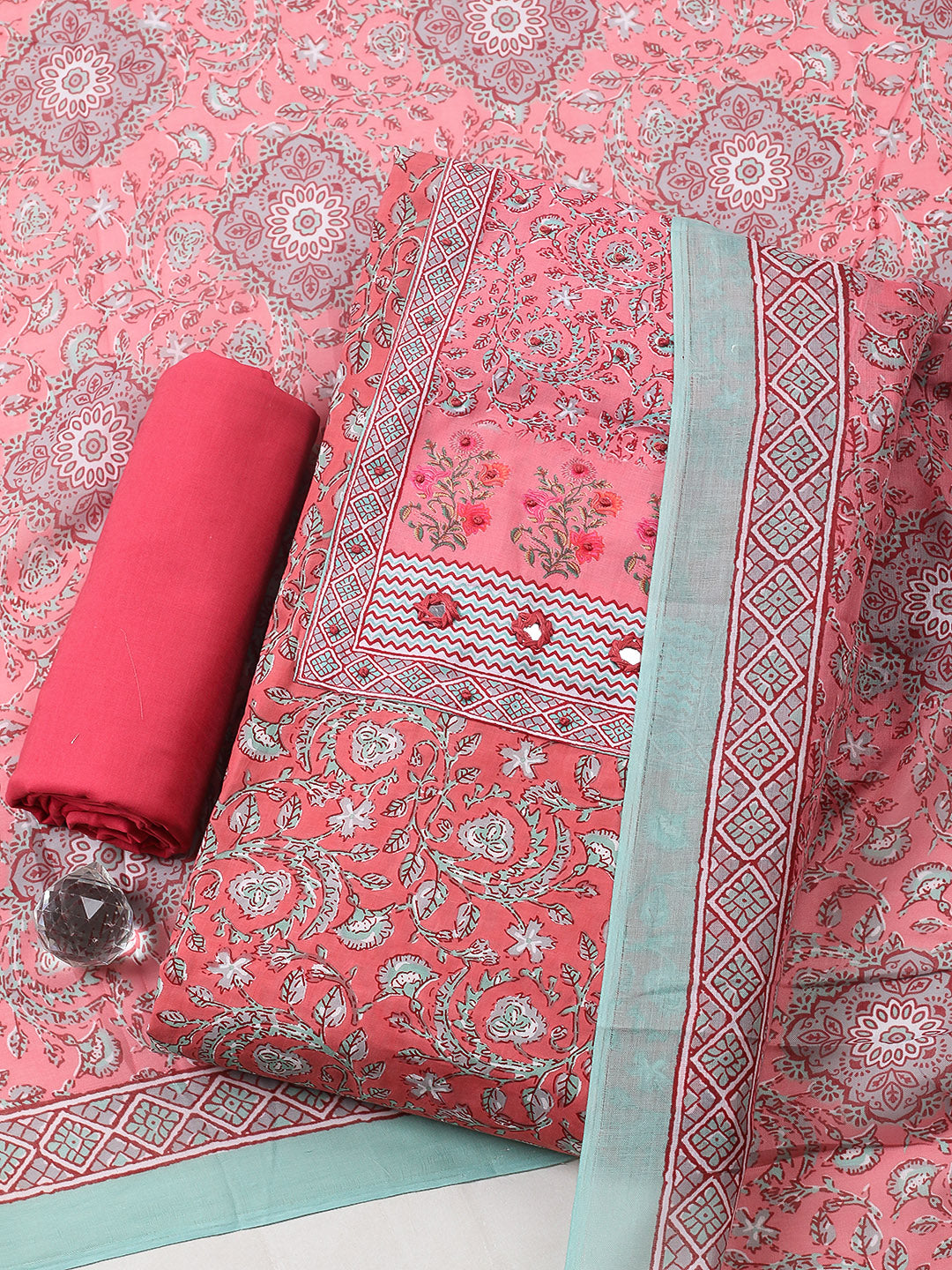 Printed Cotton Blend Unstitched Suit With Pant &amp; Dupatta
